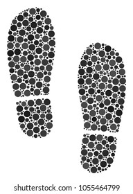 Boot Footprints mosaic of round dots in various sizes and color tints. Round dots are combined into boot footprints vector composition. Vector design concept.
