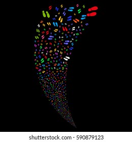 Boot Footprints random fireworks stream. Vector illustration style is flat bright multicolored iconic symbols on a black background. Object fountain made from scattered pictograms.