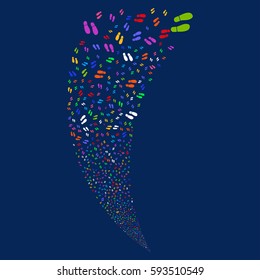 Boot Footprints random fireworks stream. Vector illustration style is flat bright multicolored iconic symbols on a blue background. Object fountain combined from scattered pictographs.