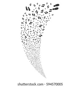 Boot Footprints random fireworks stream. Vector illustration style is flat gray iconic symbols on a white background. Object fountain organized from scattered symbols.