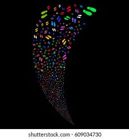 Boot Footprints random fireworks stream. Vector illustration style is flat bright multicolored iconic symbols on a black background. Object fountain constructed from scattered icons.