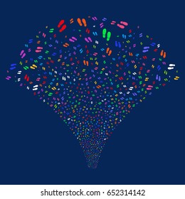 Boot Footprints salute stream. Vector illustration style is flat bright multicolored iconic symbols on a blue background. Object stream fountain organized from random symbols.