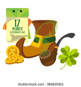 Boot gnome, smoking pipe and a calendar. March 17 day. St.Patrick 's Day.