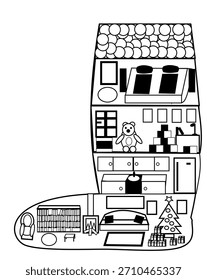 Uma bota de Papai Noel com sala de estar, cozinha, quarto de criança e quarto.