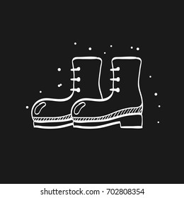 Boot icon in doodle sketch lines. Footwear outdoor outwear gear army military clothing