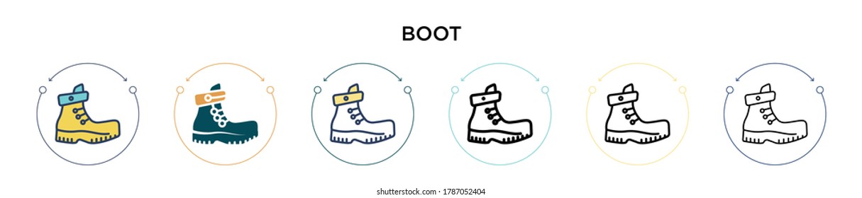 Boot icon in filled, thin line, outline and stroke style. Vector illustration of two colored and black boot vector icons designs can be used for mobile, ui, web