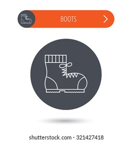 Boot icon. Hiking or work shoe sign. Military footwear symbol. Gray flat circle button. Orange button with arrow. Vector