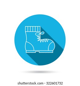 Boot icon. Hiking or work shoe sign. Military footwear symbol. Blue flat circle button with shadow. Vector