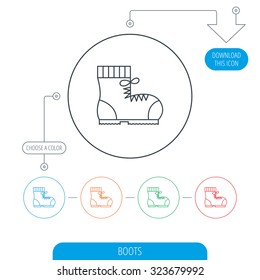 Boot icon. Hiking or work shoe sign. Military footwear symbol. Line circle buttons. Download arrow symbol. Vector