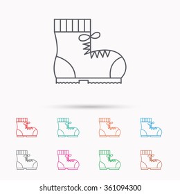 Boot icon. Hiking or work shoe sign. Military footwear symbol. Linear icons on white background.