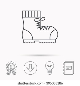 Boot icon. Hiking or work shoe sign. Military footwear symbol. Download arrow, lamp, learn book and award medal icons.