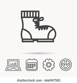 Boot icon. Hiking or work shoe sign. Military footwear symbol. Notebook, Calendar and Cogwheel signs. Download arrow web icon. Vector