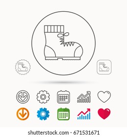 Boot icon. Hiking or work shoe sign. Military footwear symbol. Calendar, Graph chart and Cogwheel signs. Download and Heart love linear web icons. Vector