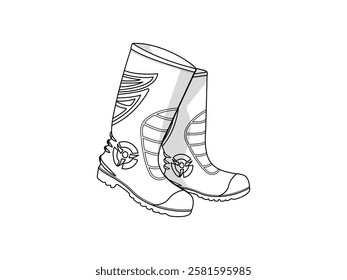 Boot icon illustration design with embossed motif, safety shoes for industrial work, made of thick rubber, vector icon in black and white style with black outline only isolated on white background