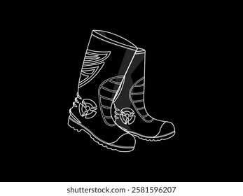 Boot icon illustration design with embossed motif, safety shoes for industrial work, made of thick rubber, vector icon in black and white style with white outline only isolated on black background