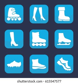 Boot icon. set of 9 filled boot icons such as woman boot, skate rollers, soccer trainers, ice skate