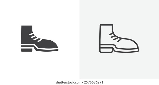 Boot icon set in black flat solid and outlined style.