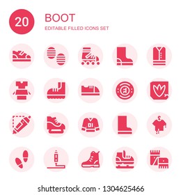 boot icon set. Collection of 20 filled boot icons included Boots, Footprint, Roller skate, Boot, Clothes, Baby shoes, Chelsea, d printing pen, Ice skate, Scarf