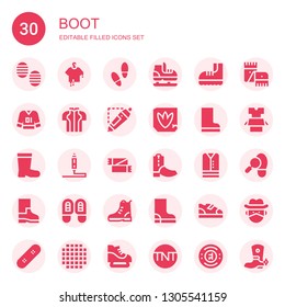 boot icon set. Collection of 30 filled boot icons included Footprint, Clothes, Ice skate, Boots, d printing pen, Scarf, Footprints, Boot, Cowboy, Skate, Cloth, Tnt, Chelsea