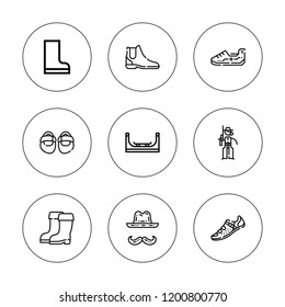 Boot icon set. collection of 9 outline boot icons with boot, boots, cowboy, cowgirl, skate, shoe icons. editable icons.