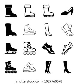Boot icons. set of 16 editable filled and outline boot icons such as woman boot, woman shoe, ice skate, roller skate, soccer trainers