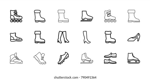 Boot icons. set of 18 editable outline boot icons: boot, man shoe, ice skate, roller skate, woman shoe