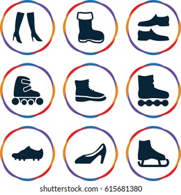 Boot icons set. set of 9 boot filled icons such as boot, man shoe, woman boots, woman shoe, skate rollers, soccer trainers, ice skate