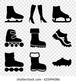 Boot icons set. set of 9 boot filled icons such as boot, woman boots, skate rollers, soccer trainers, ice skate