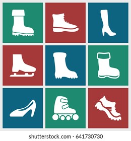 Boot icons set. set of 9 boot filled icons such as woman shoe, skate rollers