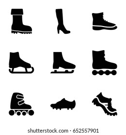 Boot icons set. set of 9 boot filled icons such as skate rollers, soccer trainers, ice skate