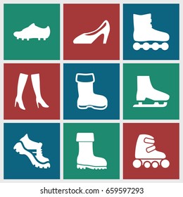 Boot icons set. set of 9 boot filled icons such as boot, woman boots, woman shoe, skate rollers, soccer trainers, ice skate