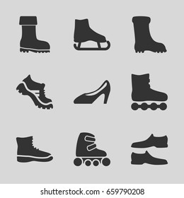 Boot icons set. set of 9 boot filled icons such as man shoe, boot, woman shoe, skate rollers, ice skate