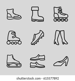 Boot icons set. set of 9 boot outline icons such as man shoe, woman boots, boot, woman shoe, skate rollers, soccer trainers, roller skate