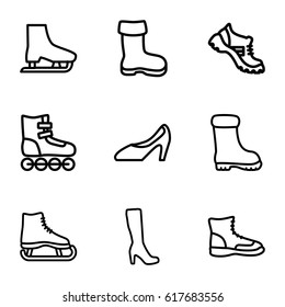 Boot icons set. set of 9 boot outline icons such as woman shoe, ice skate