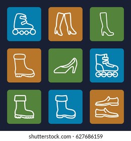 Boot icons set. set of 9 boot outline icons such as boot, man shoe, woman shoe, skate rollers