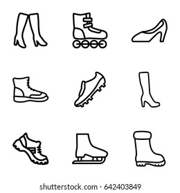 Boot icons set. set of 9 boot outline icons such as woman boot, woman shoe, soccer trainers, ice skate