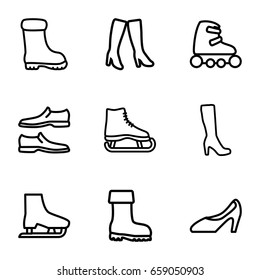 Boot icons set. set of 9 boot outline icons such as woman boot, man shoe, woman shoe, skate rollers