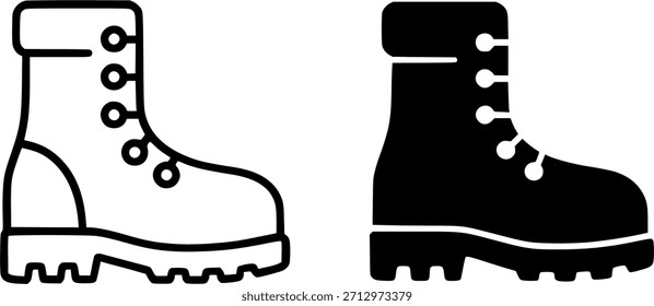 Ilustración de bota, versiones en blanco y negro, contorno y silueta