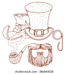 Boot leprechaun, beard, pipe, angered hat and monocle.