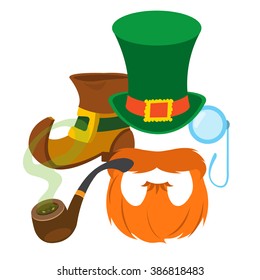 Boot leprechaun, red beard, pipe, angered hat and monocle.