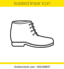 Boot linear icon. Men's shoe thin line illustration. Winter and autumn season footwear.    Contour symbol. Vector isolated outline drawing