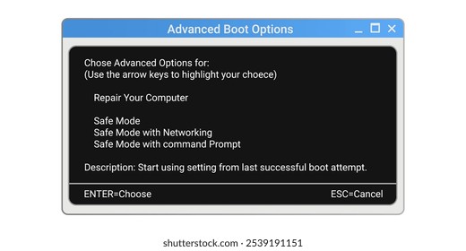 Boot menu options in safe mode. Repair system settings on computer. Reboot window with black background.