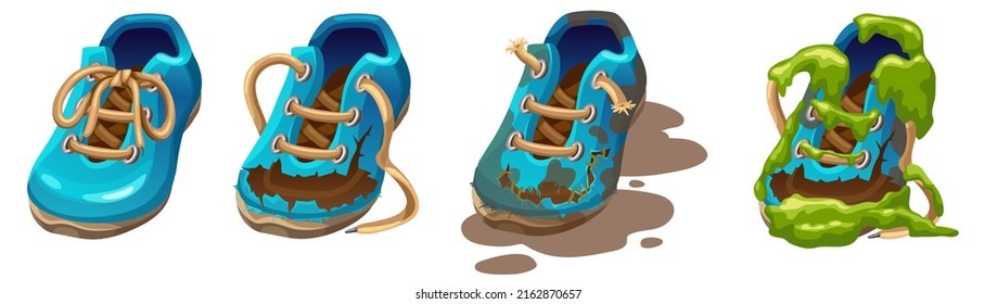 Boot in moss and swamp lichen. New clean and dirty old shoes smeared in soil. Set cartoon game objects. Isolated vector illustration.