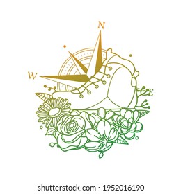 Boot Mountain Rose Flower with Vintage Shoes Design. Hiking Floral frame ornament vector style. Decoration Design Wreath illustration.