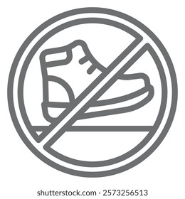 Boot on floor ban line icon, prohibited elements concept. Vector graphics. Human footwear, shoe footprint forbidden sign on white background, outline style icon for mobile or web design