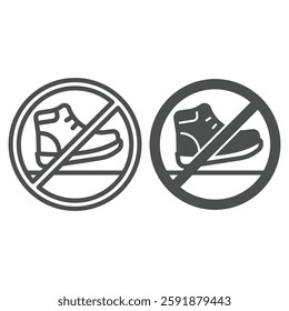 Boot on floor ban line and solid icon, prohibited elements concept. Vector graphics. Human footwear, shoe footprint forbidden sign on white background, outline style icon for mobile or web design