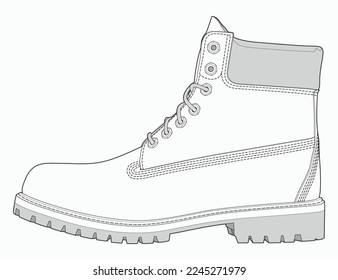 Boot Outline Vector Drawing. Black Lines Illustration of Men Boot Isolated On White Background