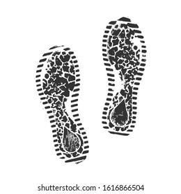 Boot print isolated on white background. Grunge texture effect.