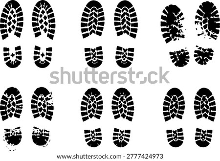 Boot print tracks set, footstep pattern imprints, multiple shoe designs.