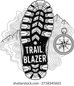 Ilustração do vetor de caminhada do blazer da trilha da impressão da bota para o emblema do símbolo de viagem do explorador da aventura ao ar livre e design da marca do sapato preto isolado no transparente